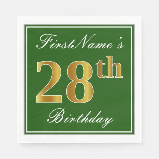 Elegant Green, Faux Gold 28th Birthday + naam Servet (Voorkant)