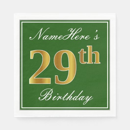 Elegant Green, Faux Gold 29th Birthday + naam Servet (Voorkant)