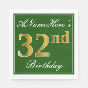 Elegant Green, Faux Gold 32nd Birthday + Name Servet