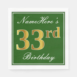 Elegant Green, Faux Gold 33rd Birthday + naam Servet