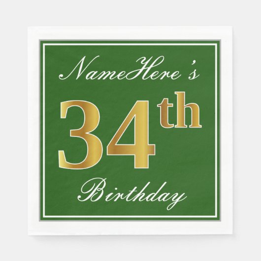 Elegant Green, Faux Gold 34th Birthday + naam Servet (Voorkant)
