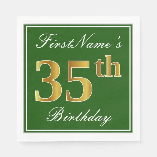 Elegant Green, Faux Gold 35th Birthday + Naam Servet (Voorkant)