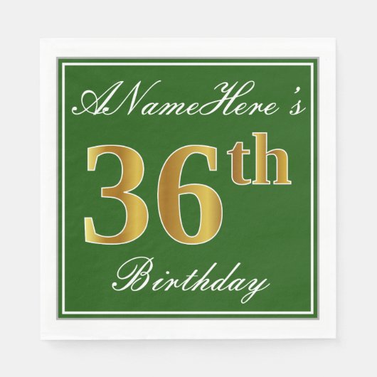 Elegant Green, Faux Gold 36th Birthday + naam Servet (Voorkant)