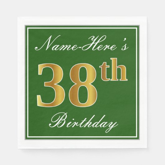 Elegant Green, Faux Gold 38th Birthday + naam Servet (Voorkant)