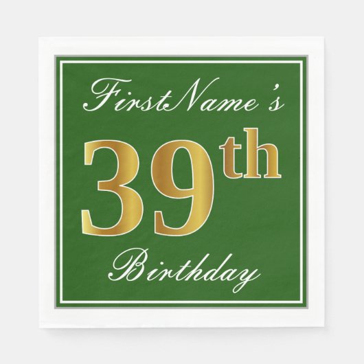 Elegant Green, Faux Gold 39th Birthday + naam Servet (Voorkant)