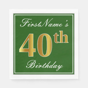 Elegant Green, Faux Gold 40th Birthday + naam Servetten