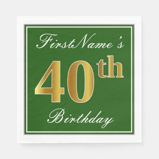 Elegant Green, Faux Gold 40th Birthday + naam Servetten (Voorkant)