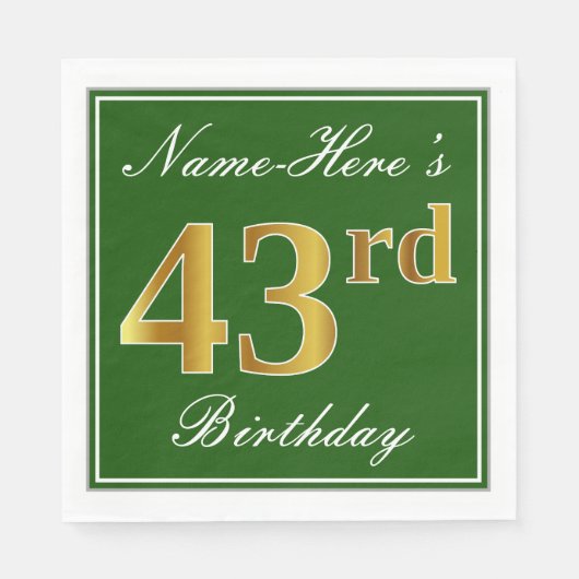 Elegant Green, Faux Gold 43rd Birthday + naam Servet (Voorkant)