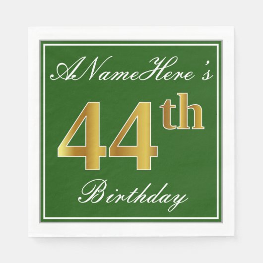 Elegant Green, Faux Gold 44th Birthday + naam Servet (Voorkant)