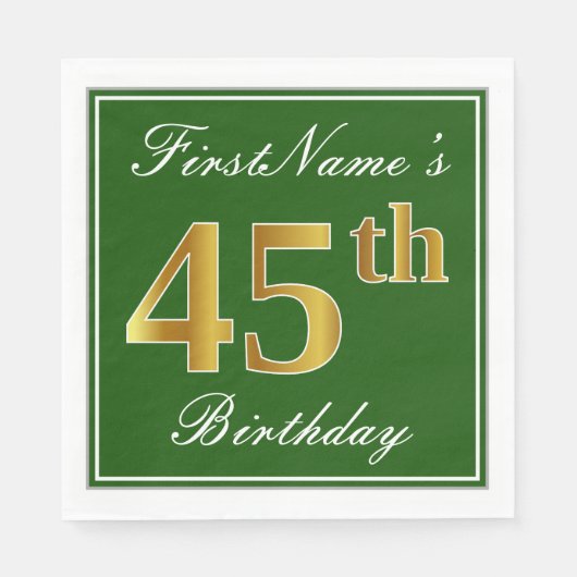 Elegant Green, Faux Gold 45th Birthday + naam Servetten (Voorkant)