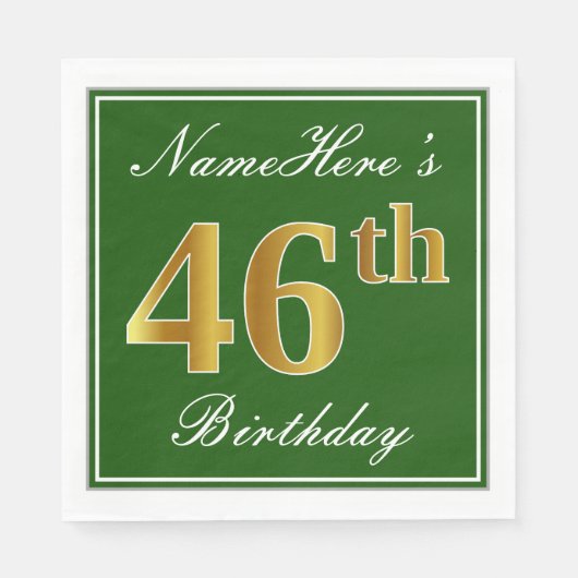 Elegant Green, Faux Gold 46th Birthday + naam Servet (Voorkant)