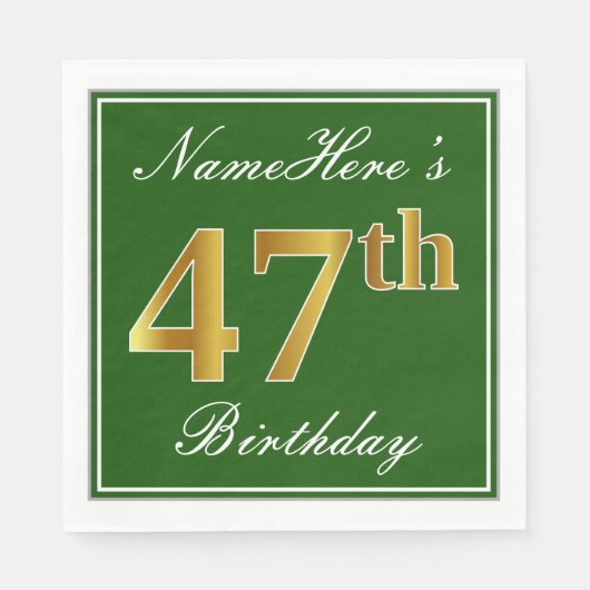 Elegant Green, Faux Gold 47th Birthday + naam Servet (Voorkant)