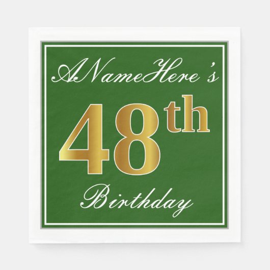 Elegant Green, Faux Gold 48th Birthday + naam Servet (Voorkant)