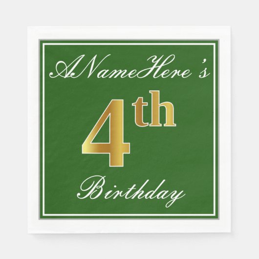 Elegant Green, Faux Gold 4th Birthday; aangepaste  Servetten (Voorkant)