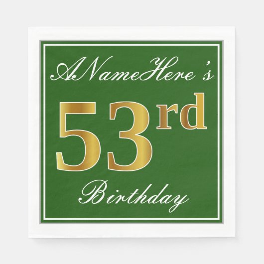 Elegant Green, Faux Gold 53rd Birthday + naam Servet (Voorkant)