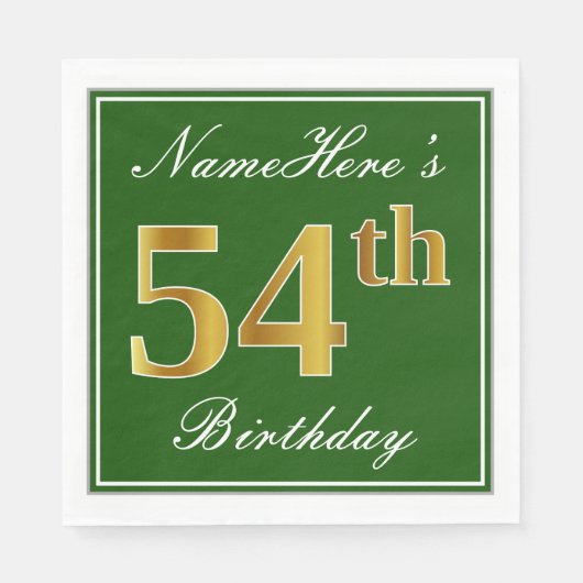 Elegant Green, Faux Gold 54th Birthday + naam Servet (Voorkant)
