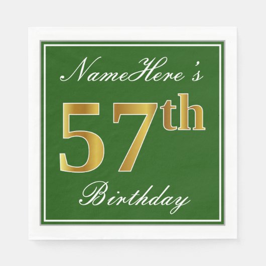 Elegant Green, Faux Gold 57th Birthday + naam Servet (Voorkant)