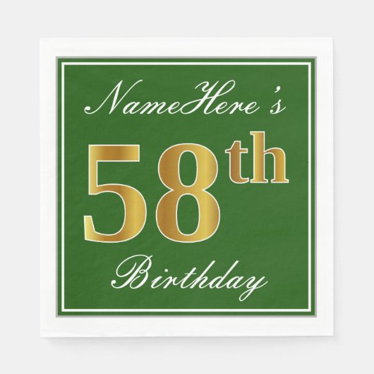 Elegant Green, Faux Gold 58th Birthday + naam Servet (Voorkant)