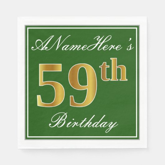 Elegant Green, Faux Gold 59th Birthday + naam Servet (Voorkant)