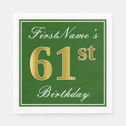 Elegant Green, Faux Gold 61st Birthday + naam Servet (Voorkant)