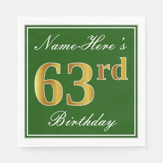 Elegant Green, Faux Gold 63rd Birthday + naam Servet (Voorkant)
