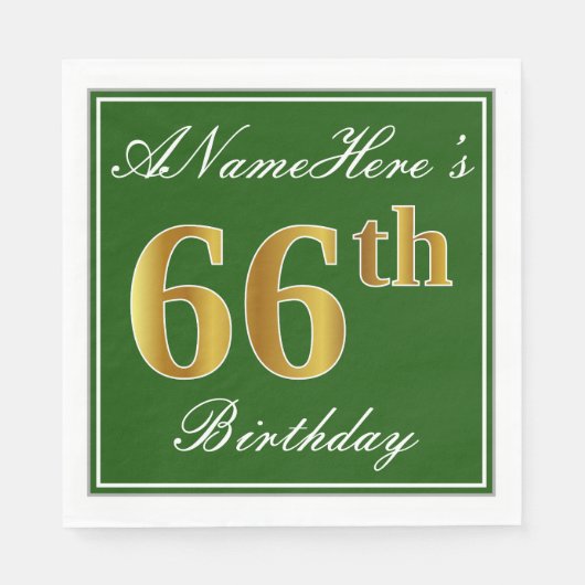 Elegant Green, Faux Gold 66th Birthday + naam Servet (Voorkant)