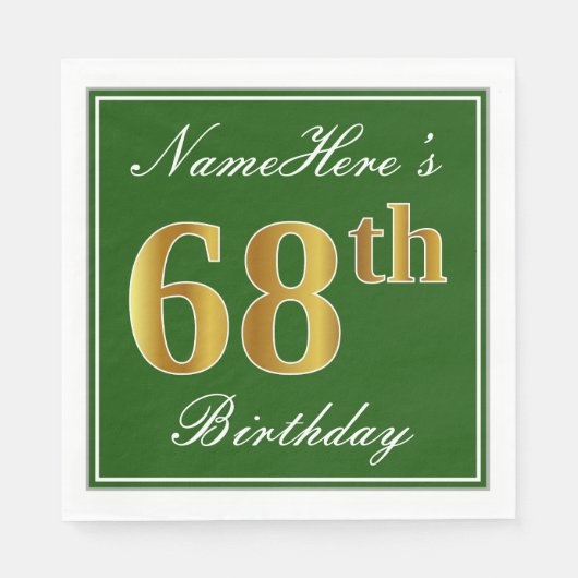 Elegant Green, Faux Gold 68th Birthday + naam Servet (Voorkant)