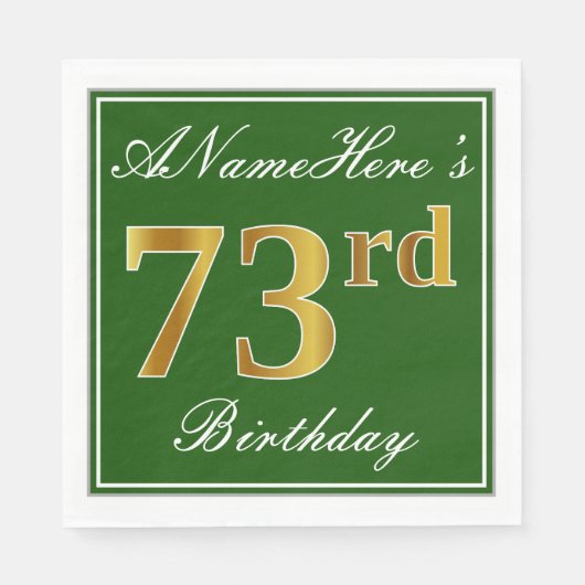 Elegant Green, Faux Gold 73rd Birthday + naam Servet (Voorkant)