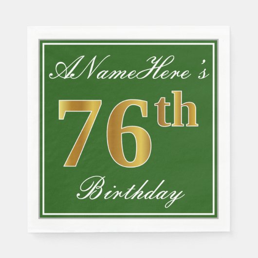 Elegant Green, Faux Gold 76th Birthday + naam Servet (Voorkant)