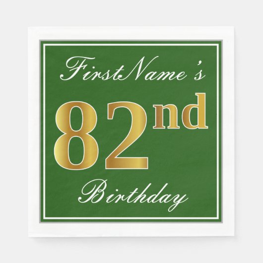 Elegant Green, Faux Gold 82nd Birthday + Name Servetten (Voorkant)
