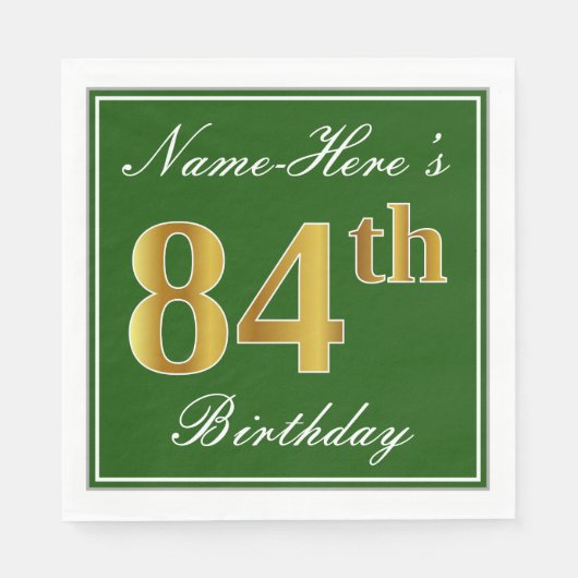 Elegant Green, Faux Gold 84th Birthday + naam Servet (Voorkant)