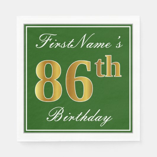 Elegant Green, Faux Gold 86th Birthday + Naam Servetten (Voorkant)