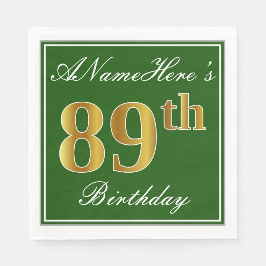 Elegant Green, Faux Gold 89th Birthday + naam Servetten (Voorkant)