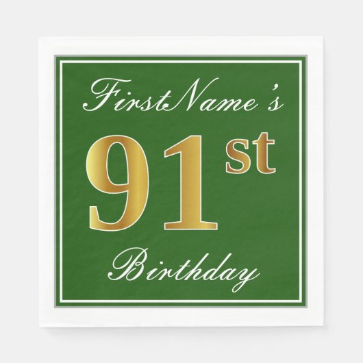 Elegant Green, Faux Gold 91st Birthday + naam Servetten (Voorkant)