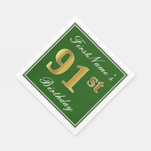 Elegant Green, Faux Gold 91st Birthday + naam Servetten (Hoek)