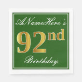 Elegant Green, Faux Gold 92nd Birthday + Name Servetten (Voorkant)