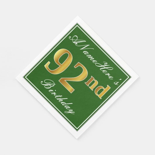 Elegant Green, Faux Gold 92nd Birthday + Name Servetten (Hoek)