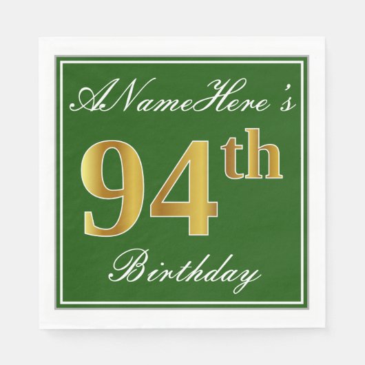 Elegant Green, Faux Gold 94th Birthday + naam Servetten (Voorkant)