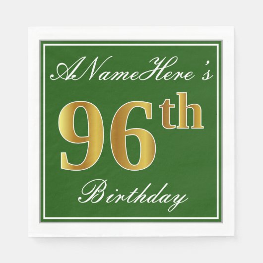 Elegant Green, Faux Gold 96th Birthday + Naam Servet (Voorkant)