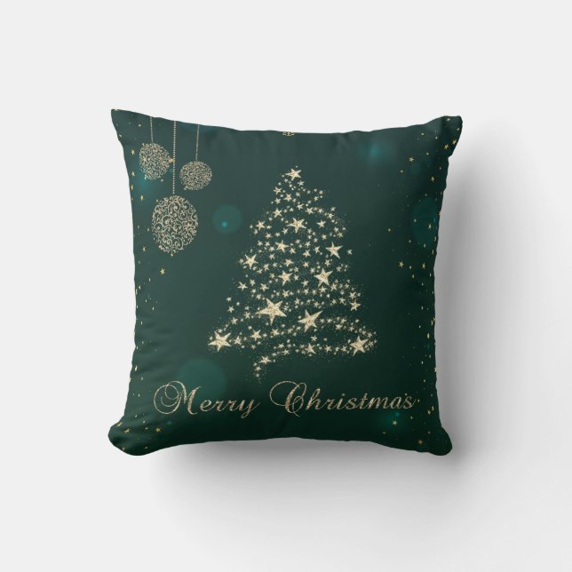 Elegant Green, Faux Gold kerstboom, Snowflakes Kussen (Voorkant)