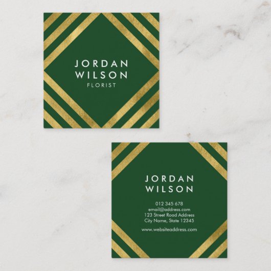 Elegant Green Faux Gold Square Lines Geometric Vierkante Visitekaartje (Voorkant / Achterkant)