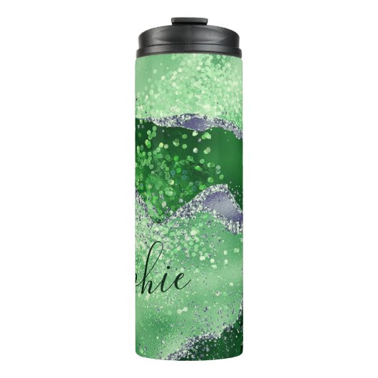 Elegant Green & Faux Silver Glitter Agate Thermosbeker (Voorkant)
