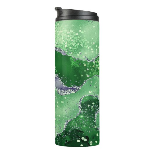 Elegant Green & Faux Silver Glitter Agate Thermosbeker (Geroteerd rechts)