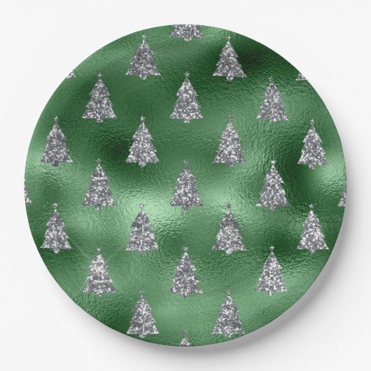 Elegant Green & Faux Silver Trees Christmas Papieren Bordje (Voorkant)