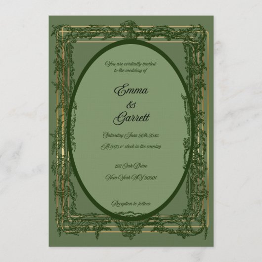 Elegant Green Filigree Wedding Invitation Kaart (Voorkant)