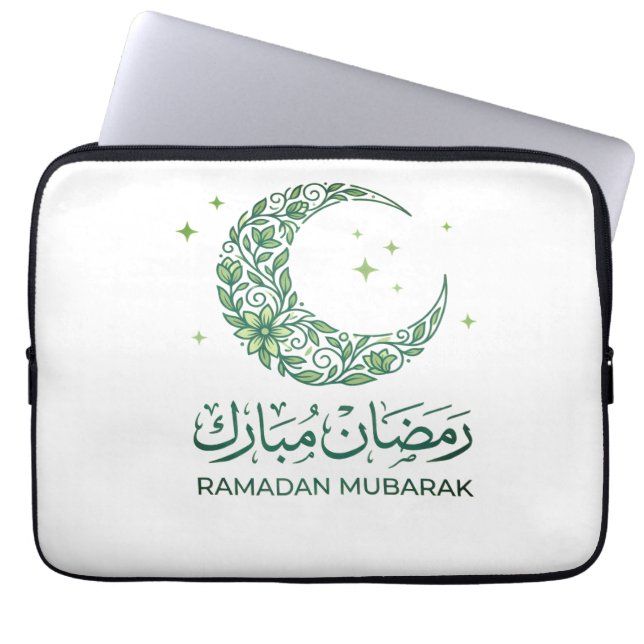 Elegant Green Floral Crescent Ramadan Mubarak Arab Laptop Sleeve (Voorkant)