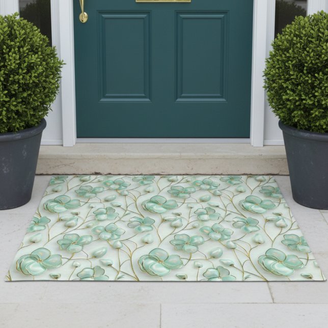 Elegant Green Floral Door Mat (elegant glam luxe aqua mint green and gold floral door mat)