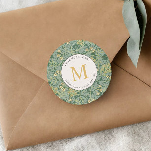 Elegant Green Floral Gold Monogram Return Address Ronde Sticker