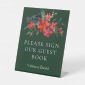 Elegant Green Floral kerstbruiloft Guest Book Reclamebord Met Voetstuk (Voorkant)