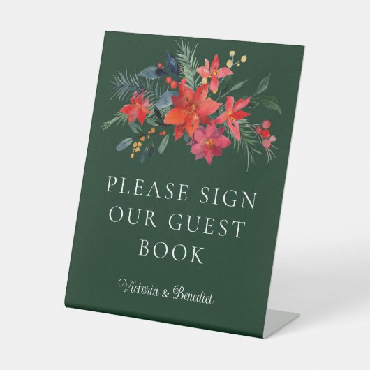 Elegant Green Floral kerstbruiloft Guest Book Reclamebord Met Voetstuk (Voorkant)